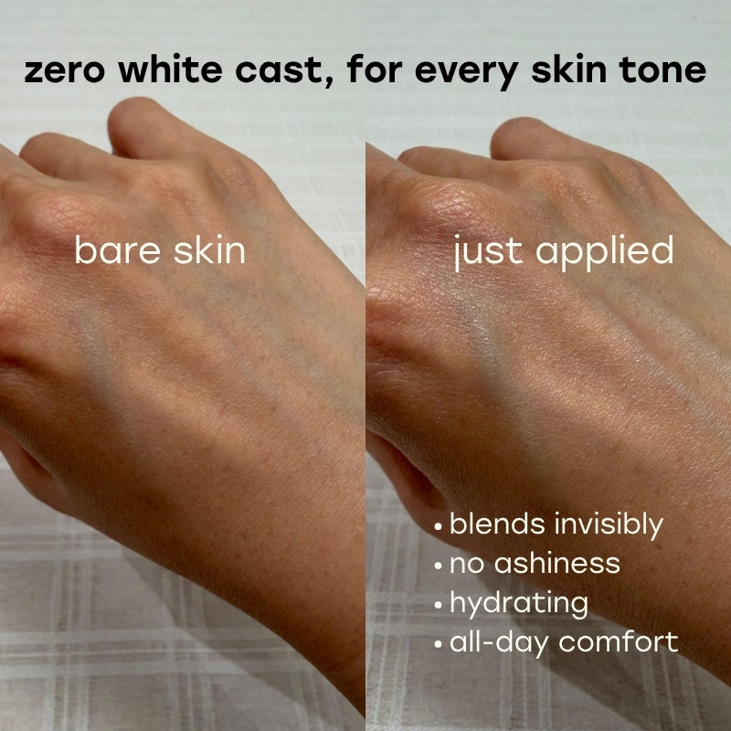 A split-screen comparison of a hand showing bare skin on the left and skin with a cosmetic product applied on the right. Text at the top reads &