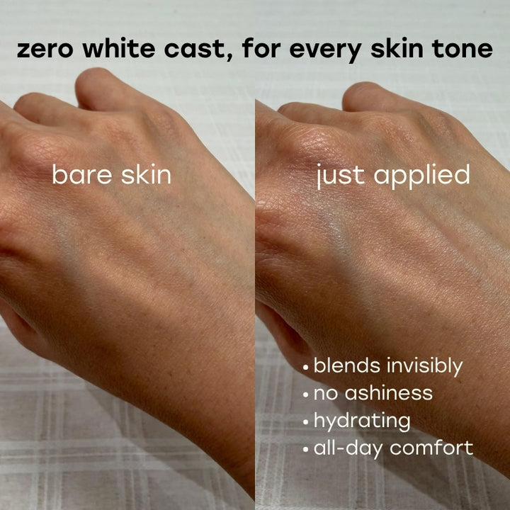 A split-screen comparison of a hand showing bare skin on the left and skin with a cosmetic product applied on the right. Text at the top reads &